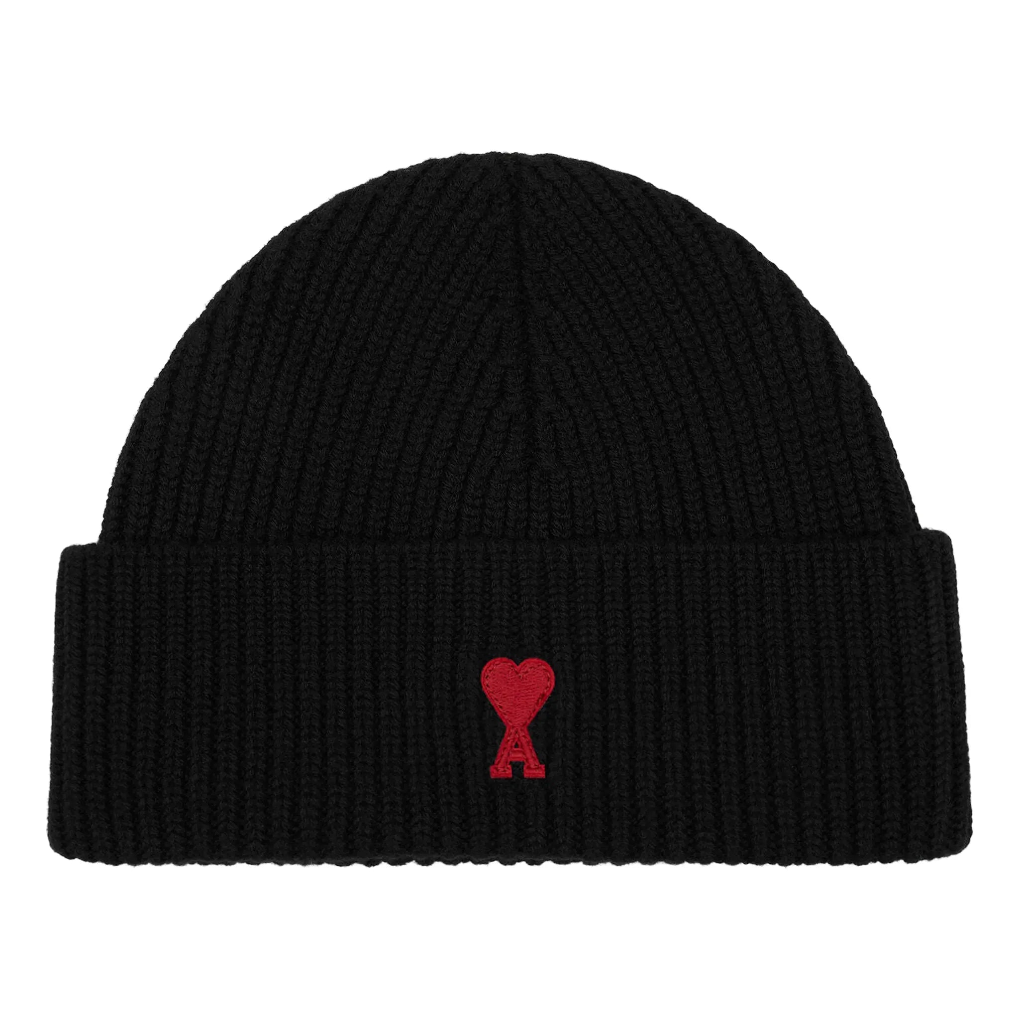 Front View of Ami Paris Wool Ami de Coeur Black Red Beanie BFUHA116018-009